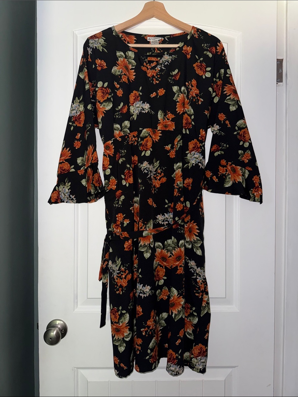Oh! Mamma Black Maternity Floral Long-Sleeve Tie-Waist Dress with Orange Blooms
